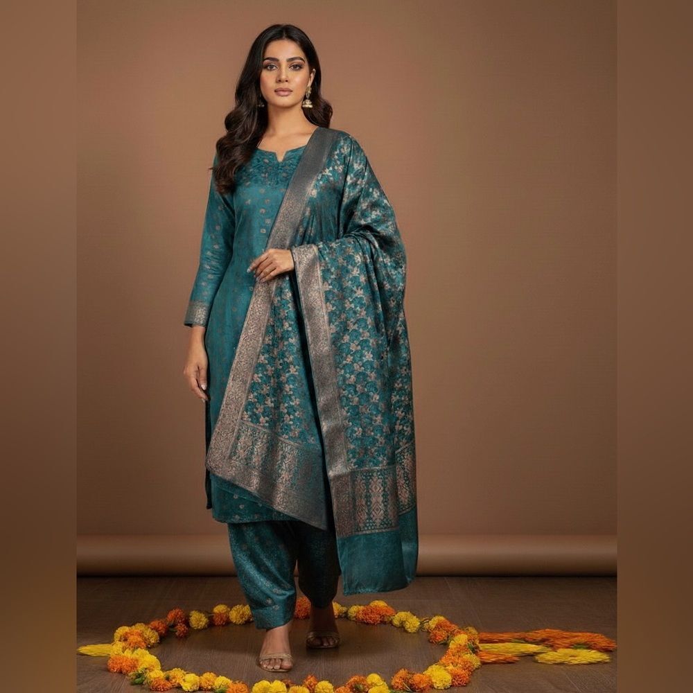 SKameez  100% Silk Teal w/Copper Floral Pattern and Matching Dupatta L Wedding